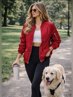 RED BETTER BE BOMBER JACKET ZIP UP UTILITY SLEEVE POCKET STREETWEAR SIZE L